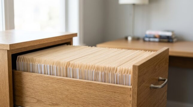 Open filing drawer filled with neatly organized manila folders in a bright modern office, representing professional document management and administrative efficiency