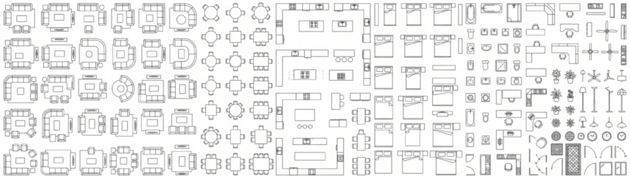 Architectural symbols set for interior design floor plans with furniture and equipment layouts in top view CAD style
