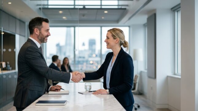 Professional business colleagues shaking hands over a marble desk in a modern corporate office, finalizing a partnership deal with mutual trust and agreement in a bright workspace