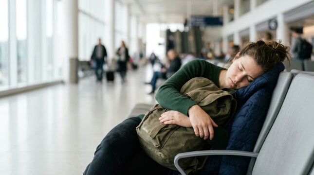 Young woman sleeping on airport chairs clutching a backpack while waiting for a flight in a bright terminal, representing exhaustion and the realities of modern travel and air transit.