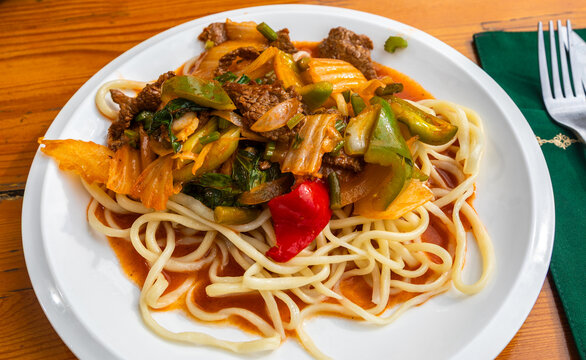 Traditional Laghman noodles with beef and vegetables, Bishkek, Kyrgyzstan