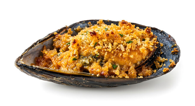 Spanish stuffed mussel in half shell with golden on White Background