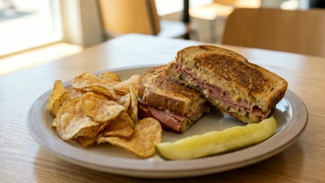 traditional reuben sandwich lunch with pickle spear and chips close view video