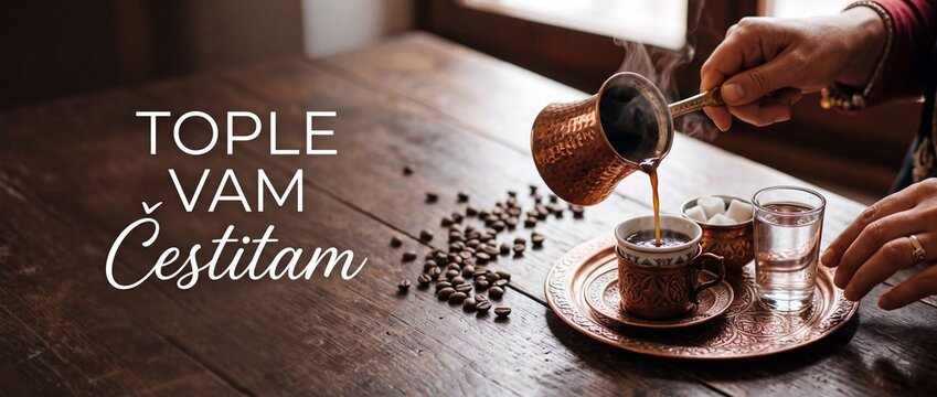 Turkish coffee pouring copper pot on rustic wooden table with Balkan greeting text Tople vam cestitam, traditional Bosnian coffee set with cezve, sugar cubes and water glass for celebration banner