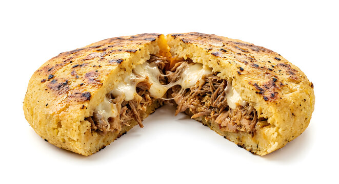 Colombian stuffed arepa half with thick grilled on White Background
