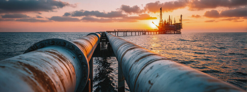 Parallel metal pipelines cross the sea toward an offshore platform under an orange sunset, energy supply, marine infrastructure, industrial transport.