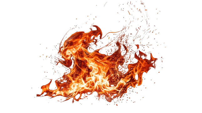 Dynamic blazing fire flame combustion with floating glowing embers isolated on transparent canvas