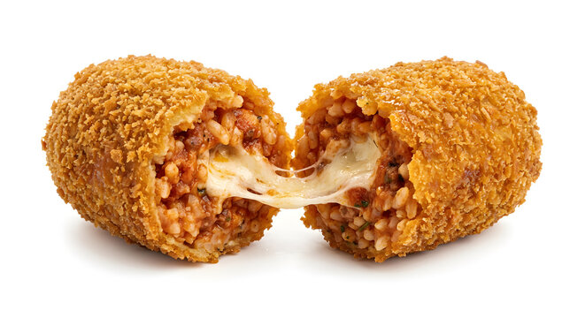 Italian suppli with elongated rice croquette on White Background