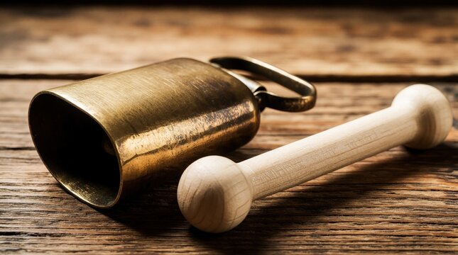 Metal cowbell with wooden striker lies on rustic old wood surface. Brass hand percussion instrument sits on timber table. Close up shot of musical bell, stick for rhythm farm decoration in country