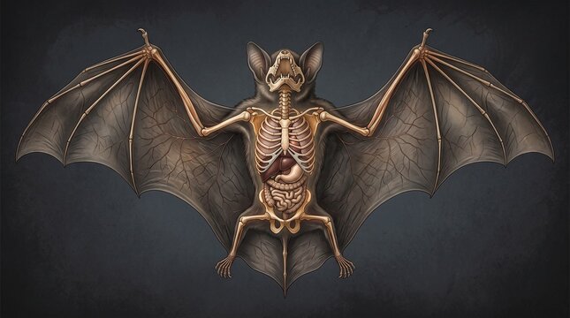 Detailed anatomical illustration of a bat showing internal organs and skeletal structure on a dark background