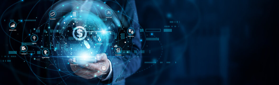 Audit concept with auditor using digital tools to review records and compliance. Modern business technology visual for secure workflow, data insight, efficiency, and smarter business decisions.