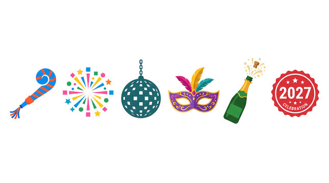 New Year 2027 celebration party icons set on transparent background