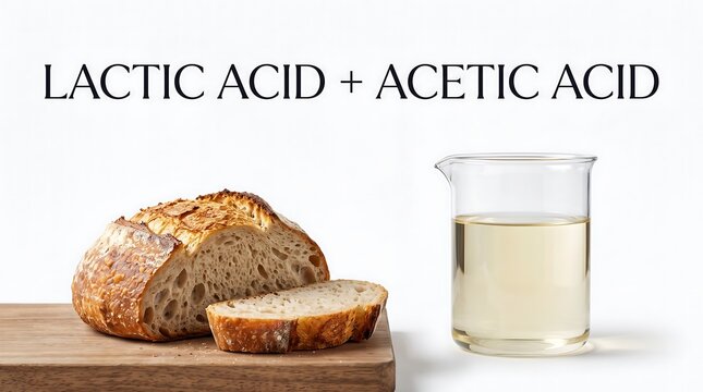 Freshly baked artisan bread loaf and slices beside beaker depicting lactic acid and acetic acid