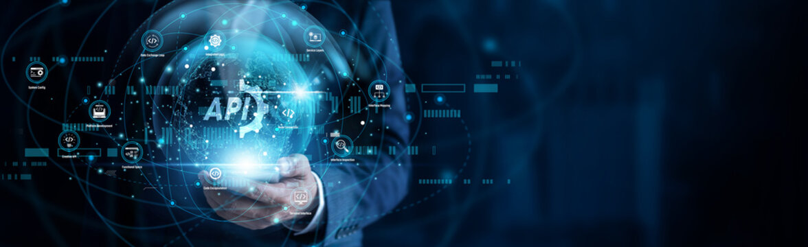 API concept with software developer using digital tools to connect apps and exchange data. Modern technology visual for secure workflow, data insight, efficiency, and smarter business decisions.