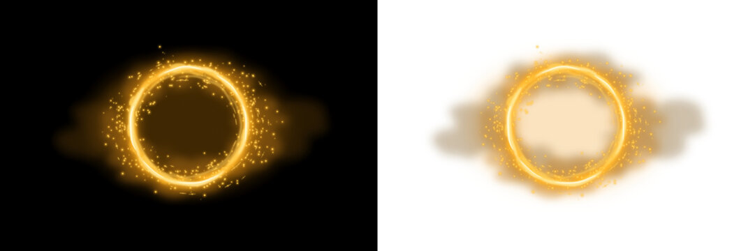 Glowing golden magic portal circle with sparkling particles and radiant energy effects for fantasy games isolated on a transparent background