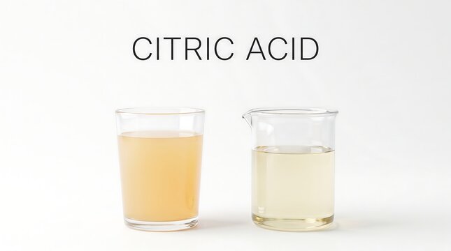 Fresh fruit juice glass beside laboratory beaker displaying citric acid concentrations