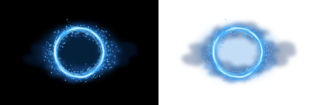 Glowing blue magic portal circle with sparkling particles and magical energy effects for fantasy games isolated on a transparent background