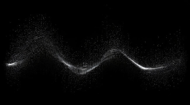 A visual representation of a white digital audio sound wave on a black background, used to depict music, frequency, or voice recording data