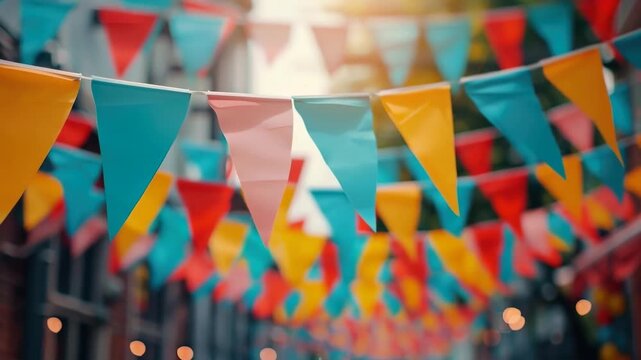 Colorful triangular bunting flags hanging at a festive outdoor event