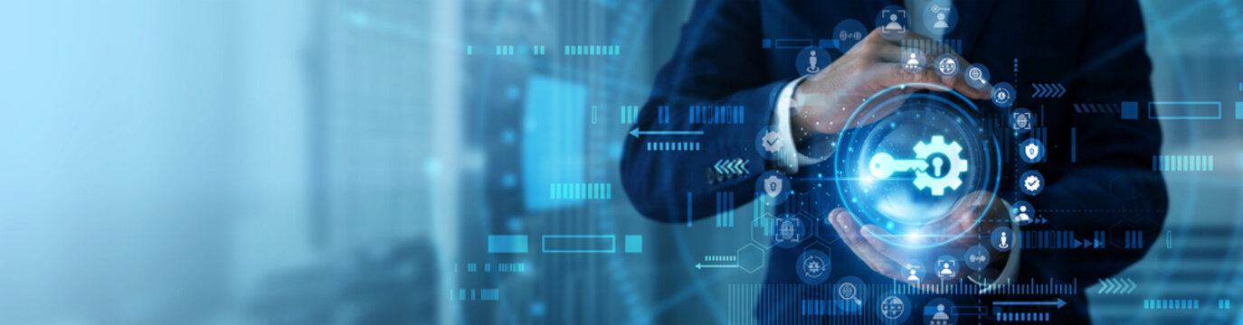 IT administrator holding futuristic Access Management hologram with wireless network icons, secure identity and user access control. Digital technology concept for modern business innovation.