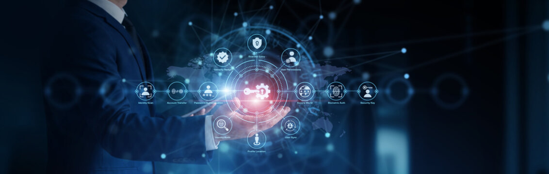 IT security specialist presenting futuristic Access Management interface with secure login controls, identity verification, user permissions, and authentication, for modern digital business.