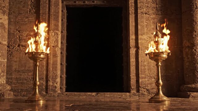 Large Burning Traditional Brass Lamps Flanking an Ancient Stone Temple Entrance   