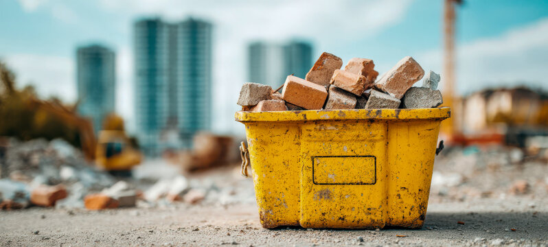A yellow waste container holds brick rubble on a building site with city towers, demolition debris, construction cleanup, material recycling, urban development, responsible waste management.