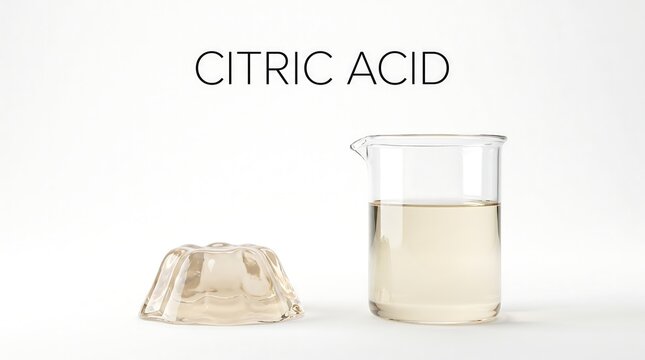 Glass beaker and transparent gel object representing citric acid and organic food compounds