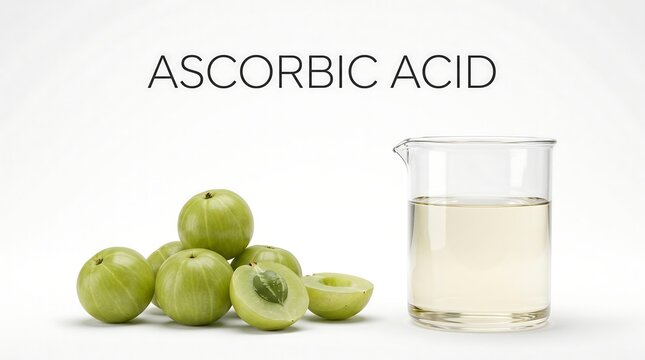 Green amla fruits arranged beside glass beaker showcasing ascorbic acid in food chemistry