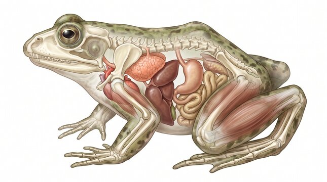 Detailed anatomical illustration of a frog showing internal organs, skeletal system, and muscle structure on a white background