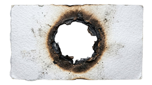 Burnt hole in white paper, scorched cardboard texture with dark edges, evidence of fire damage