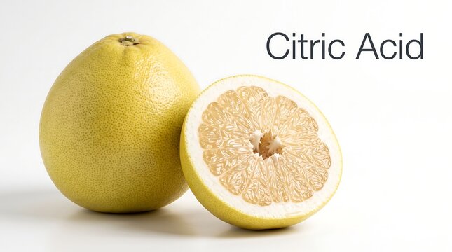 Whole pomelo and cross section slice representing natural citric acid in citrus fruits