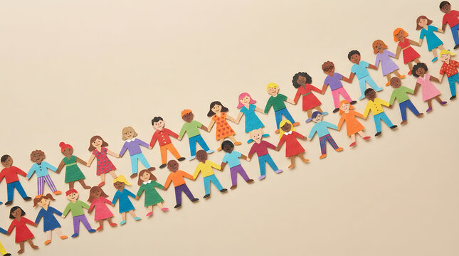 Diverse Paper Doll Children Holding Hands in a Chain on Beige Background
