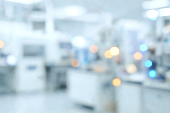 Bright Defocused Cleanroom Laboratory Background With Soft White Bokeh Lights