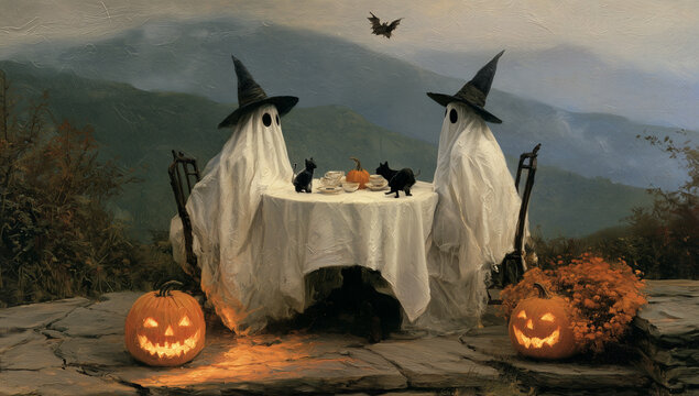 Two ghosts wearing witches hats sitting at outdoor table with tea set and black cats amidst moody mountain landscape scenery.