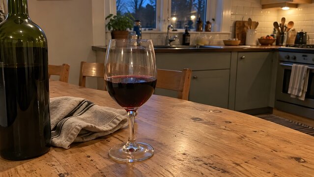 Glass of red wine and a dark glass bottle on a rustic wooden table in a home kitchen on a transparent background