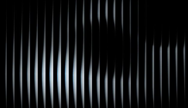 Monochrome white and silver-blue wavy light strips on black background, minimal abstract vertical line pattern