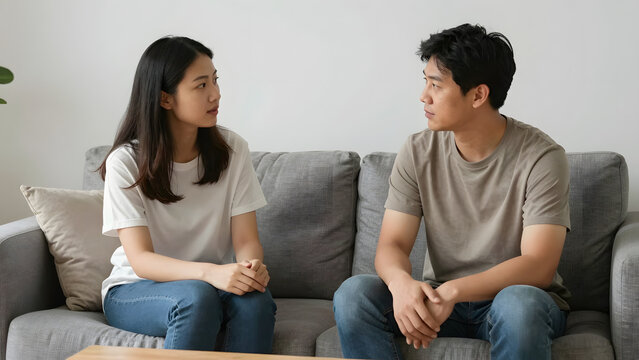 Young Asian Couple Having a Serious Conversation on a Sofa