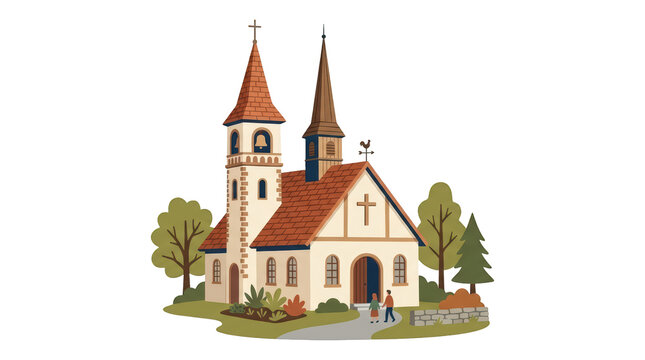 Classic small church building with steeple and bell tower featuring cartoon style for print design