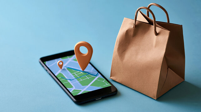 Smartphone displaying a generic grocery delivery route map with digital location markers, food delivery tracking, online grocery shopping, logistics technology, mobile