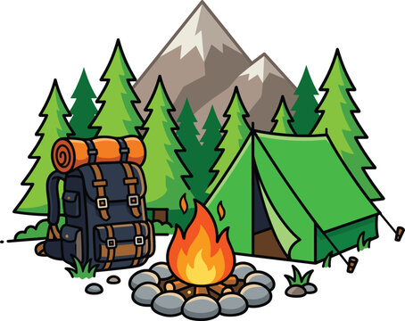 Cartoon illustration of a summer camping scene with tent and backpack and campfire in front of mountain range