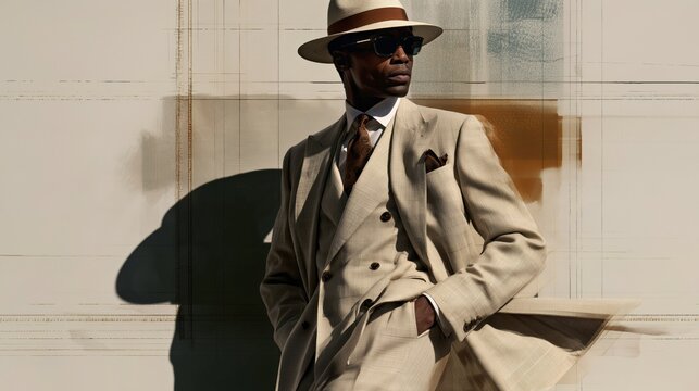 Elegant man in vintage suit and hat casting a shadow for fashion editorial branding and timeless lifestyle advertising.