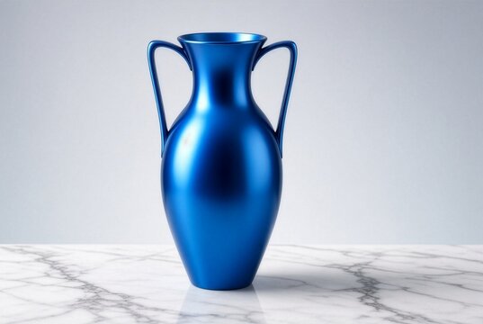 Vaso a due manici in metallo blu lucido su ripiano di marmo bianco con sfondo grigio chiaro