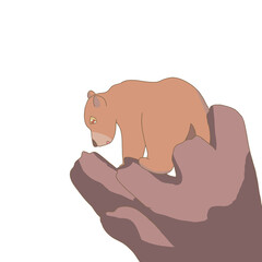 Cute bear cub climbing on a rock in a soft pastel natural landscape, hand-drawn cartoon wildlife illustration with a gentle and playful aesthetic © bakpao