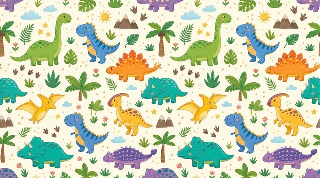 Cartoon dinosaur characters repeating pattern on children fabric