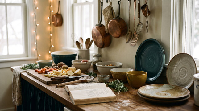 cozy rustic kitchen preparing new year meal with chopped vegetables and holiday lights
