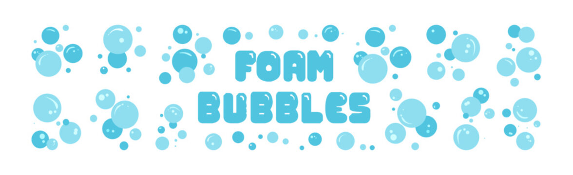 Bubble foam, cartoon bath soap. Shower blue icon, laundry suds. Clean transparent ball, abstract pattern explode group frame isolated on white bg. Hygiene fizz element frame. Vector illustration