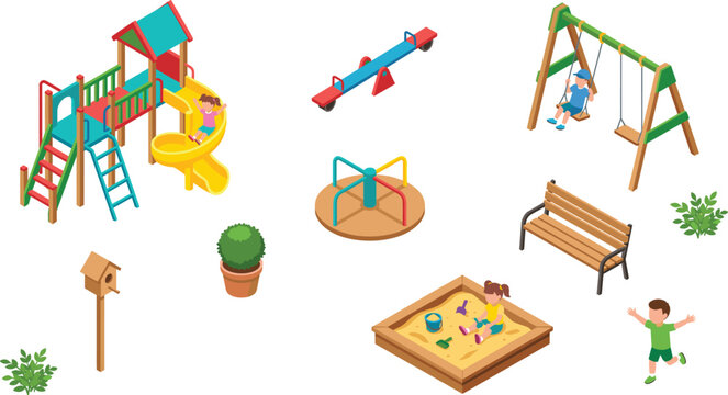 Isometric children playground equipment vector icon set with slide swing seesaw sandbox merry go round bench kids playing