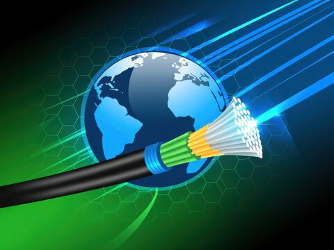 Fiber optic cable transmitting data signals with a glowing digital globe background