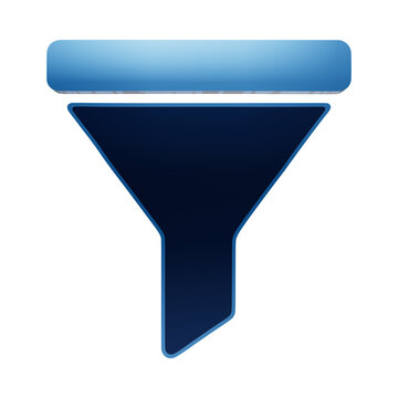 Glossy dark blue funnel filter icon featuring a wide bar and tapering shape with light blue outlines isolated on a transparent background